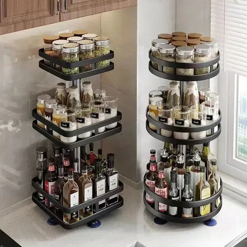 360°Rotation Spice Rack Organizer Jar Cans For Kitchen Accessories Non-Skid Carbon Steel Storage Tray For Seasonings And Spices