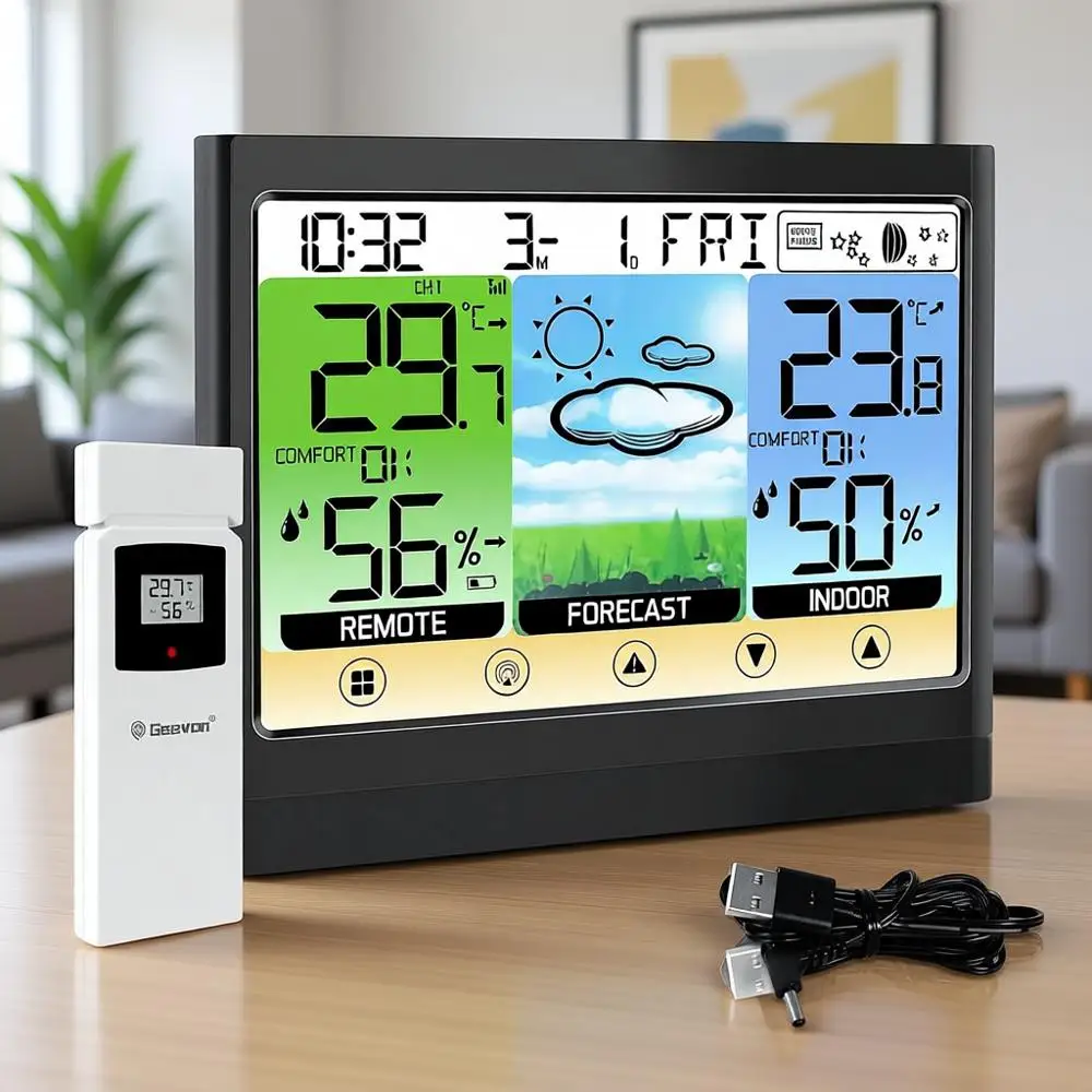 

Беспроводной цифровой термометр для улицы и помещений с гигрометром, показателем точки росы, индексом тепла, сенсорным ЖК-экраном, будильником и регулировкой