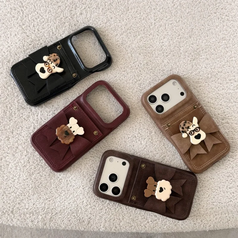 

Fashion Cute 3D Dog Bowknot Card Slot Leather Phone Cover For iPhone 17 Pro 16 15 14 Pro Max Cover Shockproof Protective Cases F
