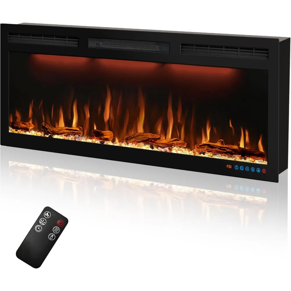 Chimenea eléctrica de 45 pulgadas, calentador de chimenea empotrado y montado en la pared y inserciones lineales para chimenea, con temporizador, control remoto