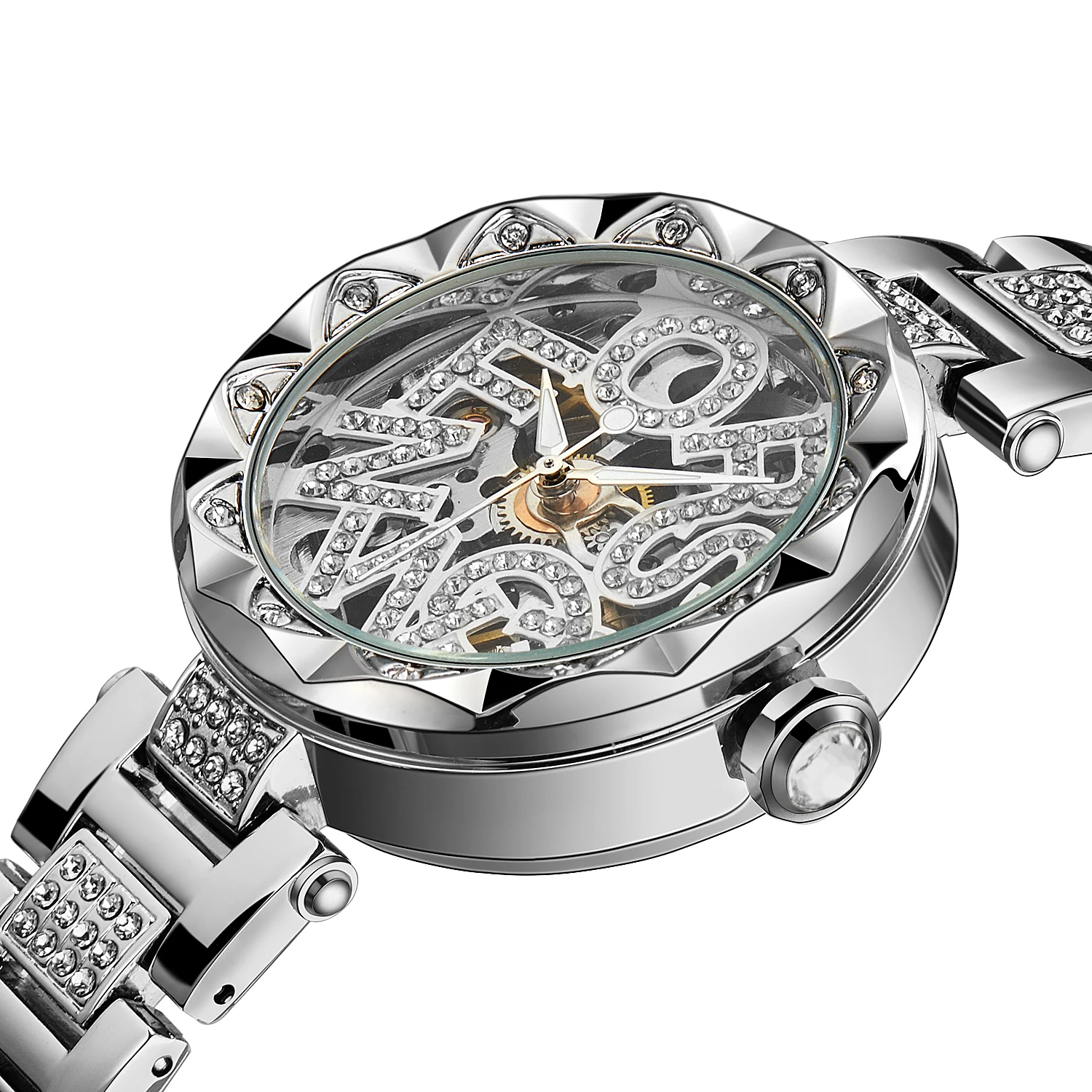 موضة 2025 ساعات نسائية فاخرة جديدة راقية الماس هيكل عظمي من الفولاذ المقاوم للصدأ ساعة ميكانيكية أنيقة للسيدات هدية زفاف