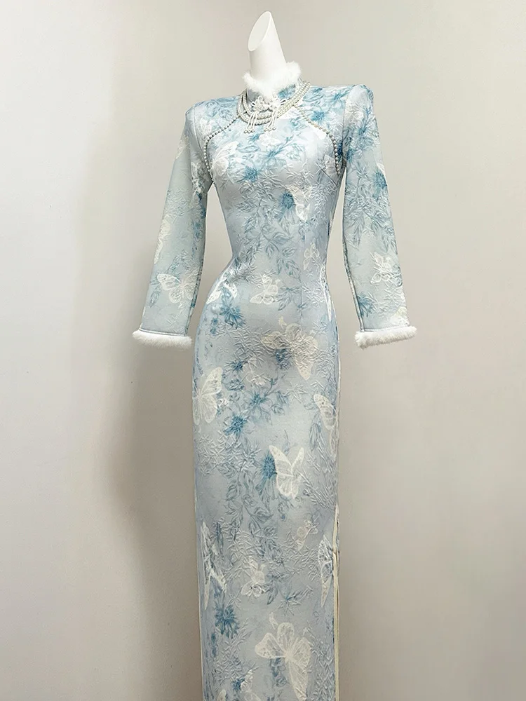 

e Light Blue Velvet Qipao Dr Women's Faionable Chinese Sle Winter Clothing Warm Ele Long Sve Midi Dr
