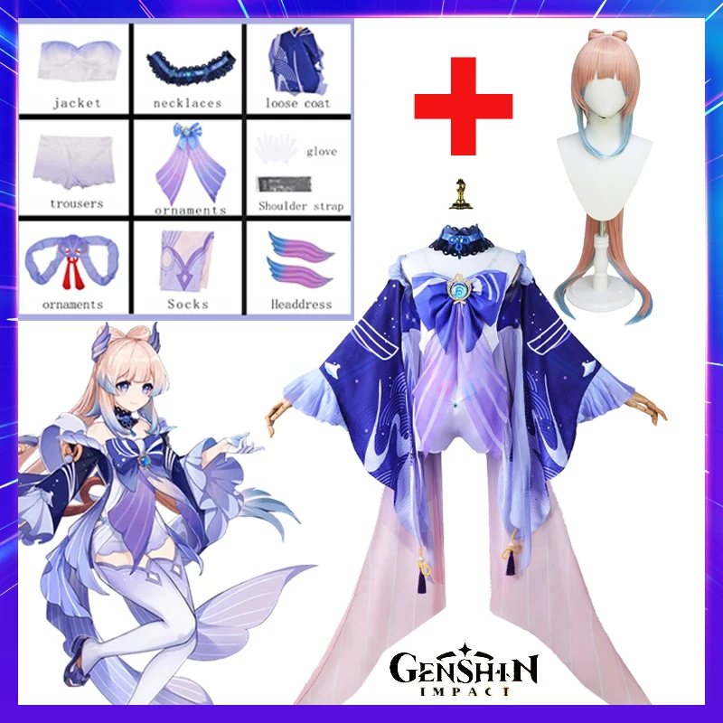 Game Genshin Impact Sangonomiya Kokomi Cosplay Costume Wig Dress with Back Decoration Sexy Outfit Full Set Halloween Party Gift