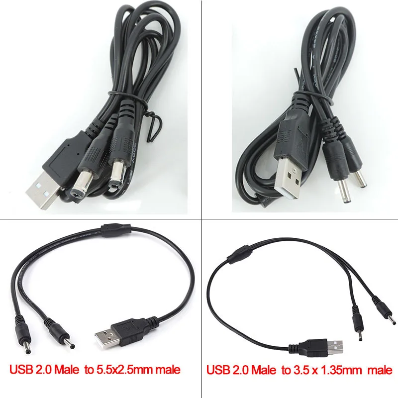 5V USB 2.0 Male A to 2 way DC 3.5mm x 1.35mm 5.5x2.5mm male splitter Connector Plug power supply charger converter Cord Cable s1