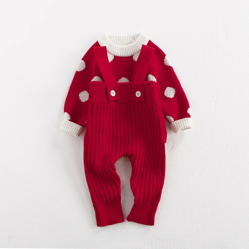 MiniAinis Autumn Winter Baby Knitted Polka Dot Pullover Sweater Overalls Girls Red Beige Tops Pants Clothing Set Girl Clothes