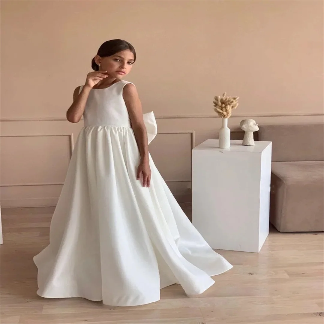 Vestidos personalizados sem mangas para meninas, vestidos para casamento com laço até o chão, vestidos de aniversário para meninas, vestidos de primeira comunhão