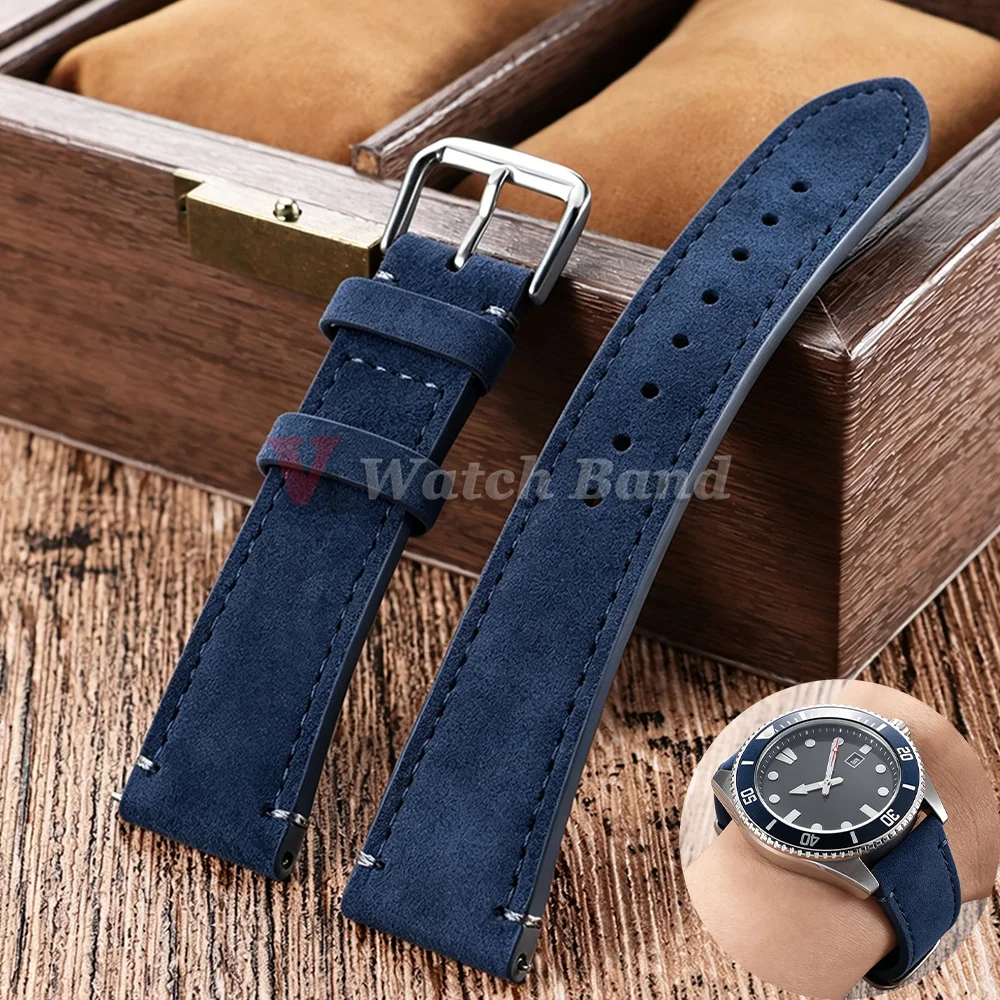 Suede Leather Watch Strap 20mm 22mm Grey Blue Black Brown Stitching Suede WatchBand Quick Release Replacement MenWomen Wristband