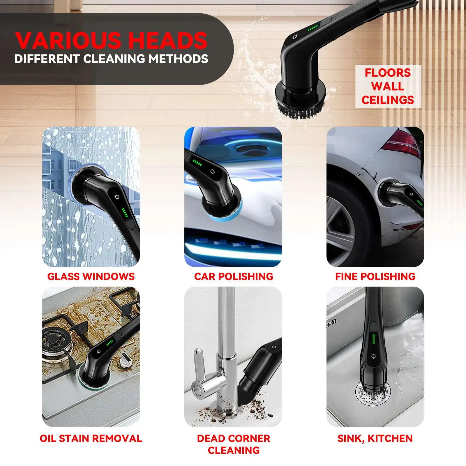 فرشاة تنظيف لاسلكية كهربائية 7 في 1 من صن شاين بقدرة 2500 مللي أمبير في الساعة بمقبض طويل 7 في 1 لتنظيف الحمامات الزجاجية للأطفال مصنوعة من البلاستيك #4