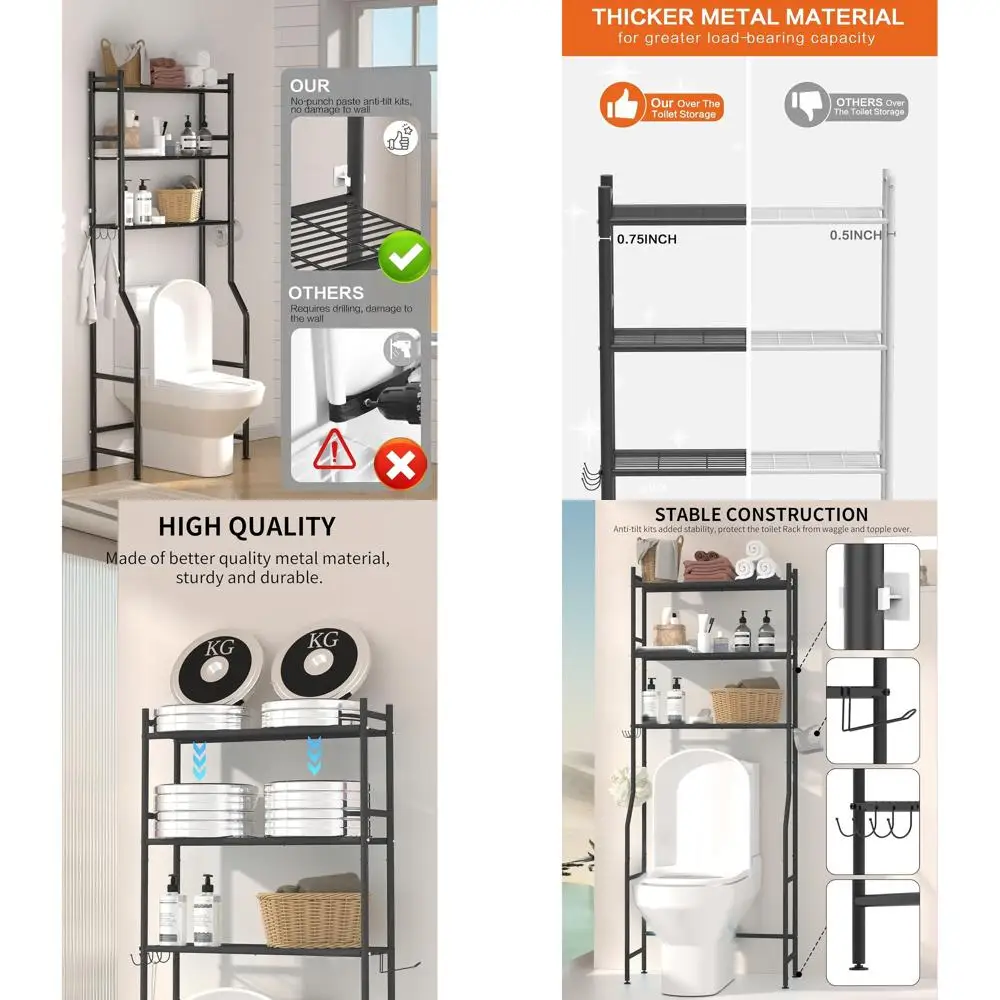 

Over-the-Toelet 3-Tier Metal Storage Shelf with Hooks, Space-Saving Black Bathroom Organizer