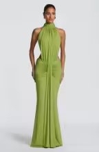 Backless Maxi Dress Halter High Neck Cutout Ruched Mermaid - Moss