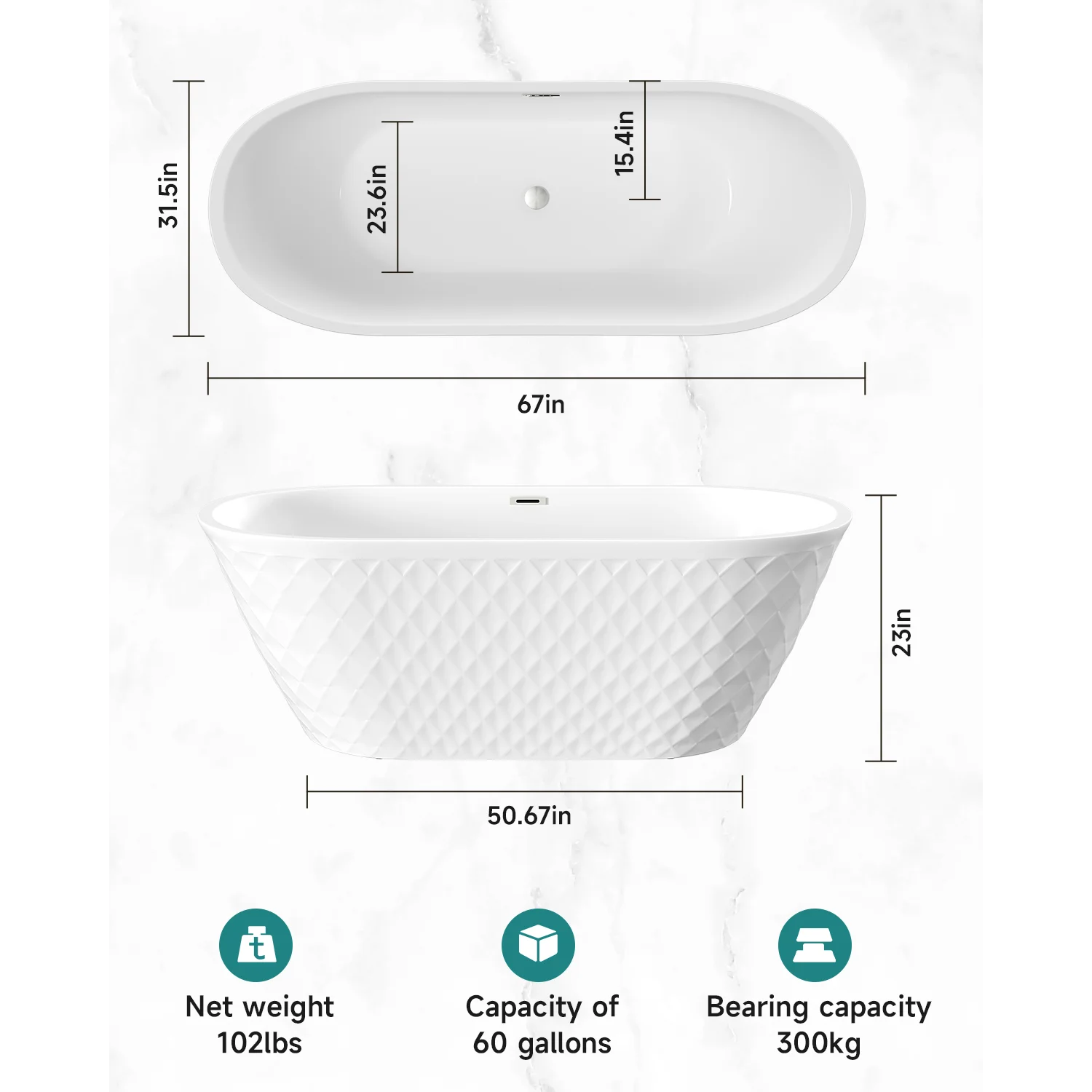 67'' acrylic freestanding bathtub with unique diamond pattern design  spacious oval shape, Gloss white finish, Chrome overflow a