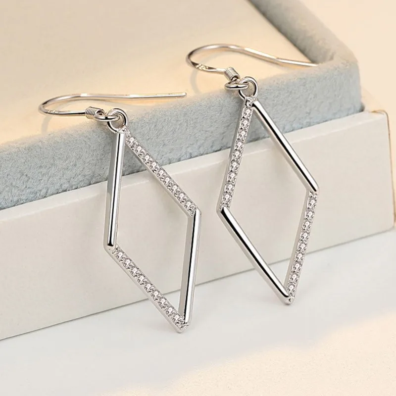 Gorgeous 925 Sterling Silver Hollow Out Triangular Earrings for Women Geometric Shaped Zircon Ear Wedding Jewelry Pendientes