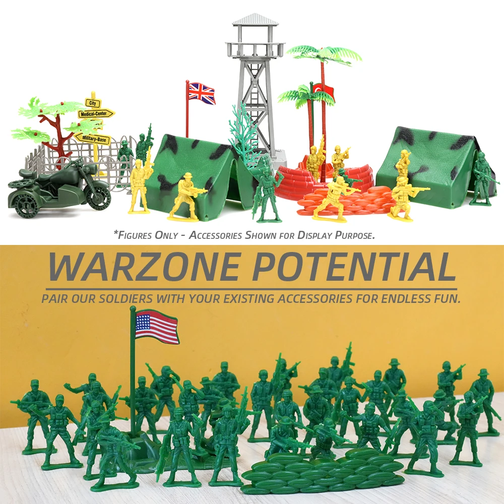 ViiKONDO Army Men zabawka figurka zielony plastikowy żołnierz 12 pozuje Tan Guy Military US Flag UK work 50 szt. Prezent dla dziecka do gier wojennych