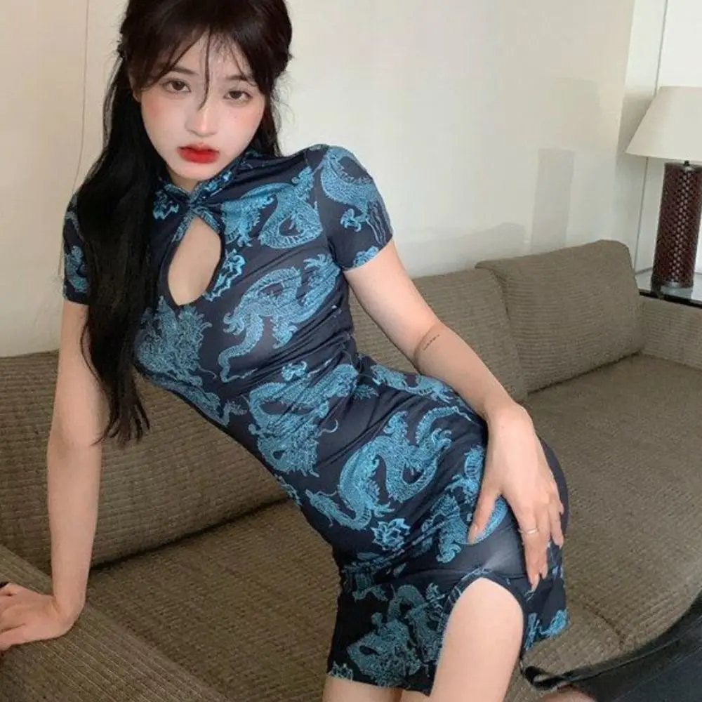 

Traditional Slim Dragon Print Cheongsam Vintage Forking Chinese Cheongsam Dress Short Sleeve Hollowing Out Women's Clothing Lady