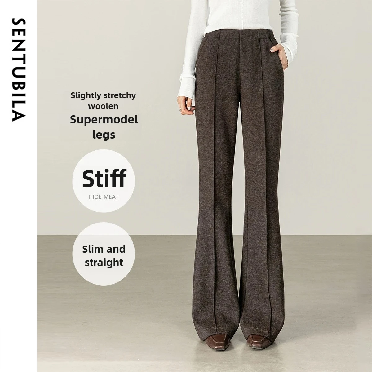 SENTUBILA Women's Wool Blend Trousers 2026 Autumn Winter Elastic Waist Side Zipper Flare Pants Casual Commute Bottoms 154K80271