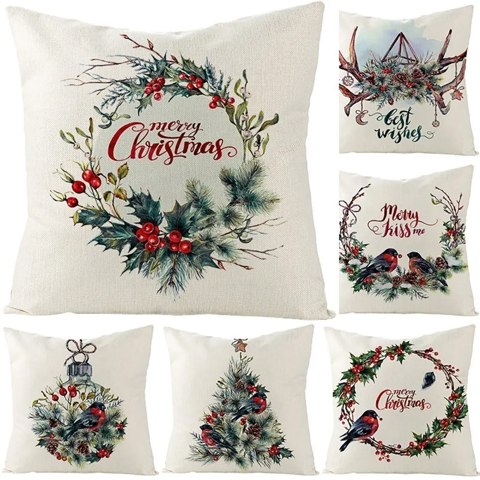 Nordic Cotton Linen Christmas Cushion Cover Wreath Printing New Years 2022 Decor Throw Pillow Case Cojines Decorativos Para Sofá