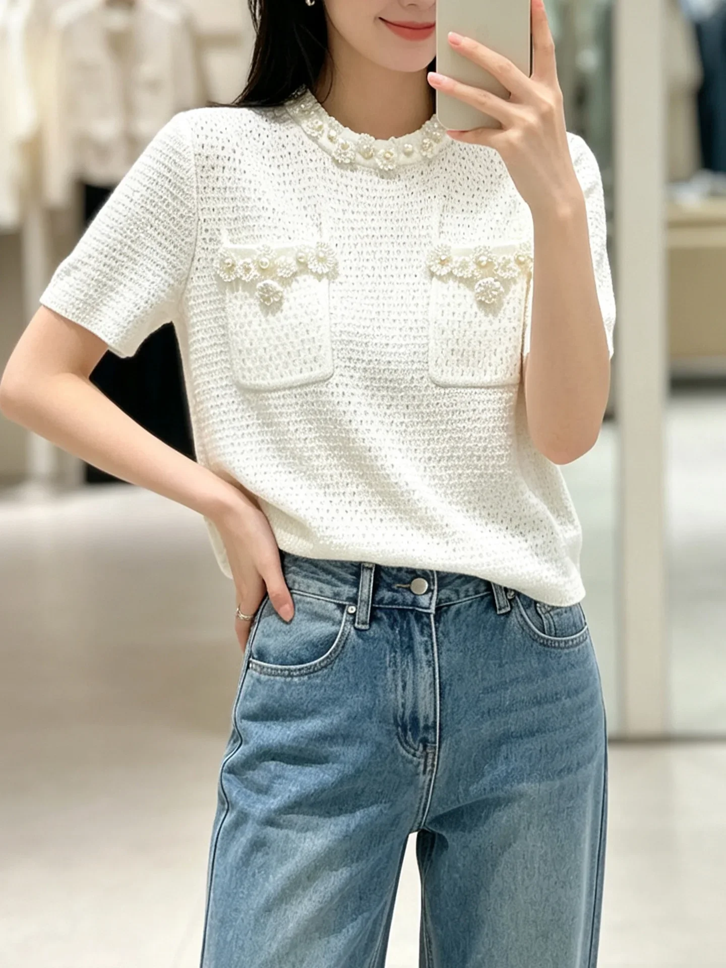 Women Hollow Out Short Sleeve Pullover Pearl Beaded Round Neck Knit Sweater Early Autumn