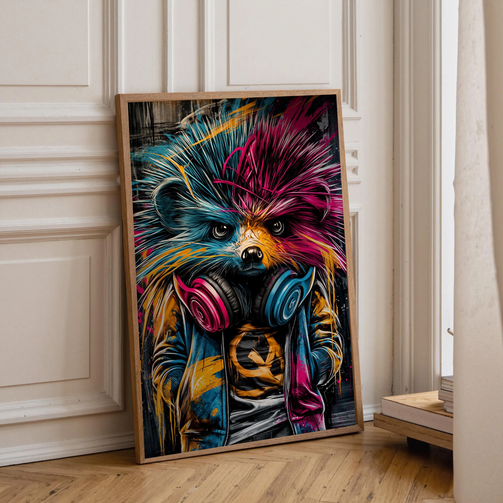 Graffiti Highland Cow Otter Raccoon with Headphones Poster Urban Animal Art Wall Art, Street Art Nursery Home Decor