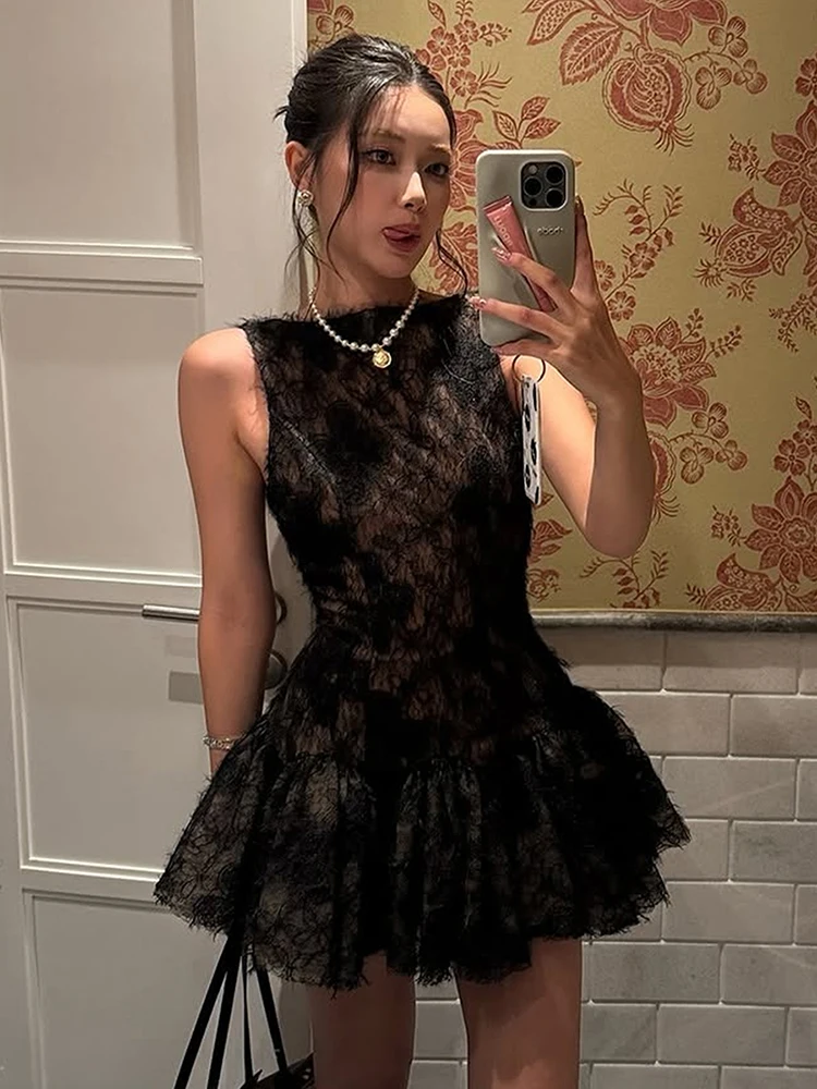 Estranho gato sexy jacquard borla vestido feminino doce sem costas arco sem mangas retalhos em camadas moda chique festa clube mini bodycon