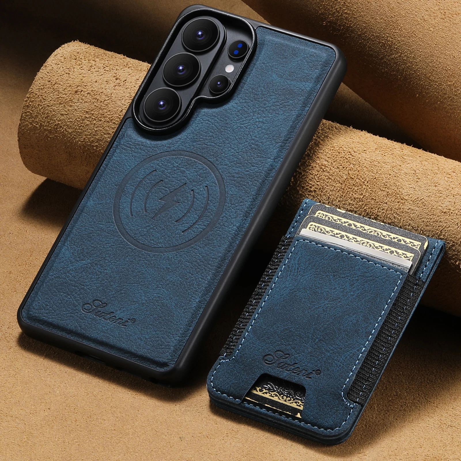 SUTENI Magnetische Kabellose Ladekartenhalterung Luxuriöse Kunstleder-Handyhülle für Samsung Galaxy S26 Ultra S25 Plus S24 S23+