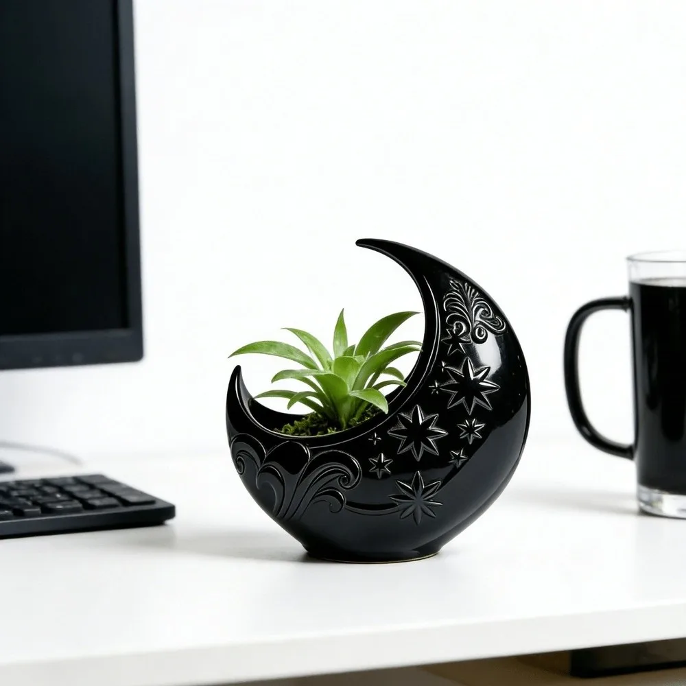 Embossed Star Pattern Crescent Moon Flower Pot Plastic Decorative Moon Shaped Storage Box 3D Printing Decorative Dish