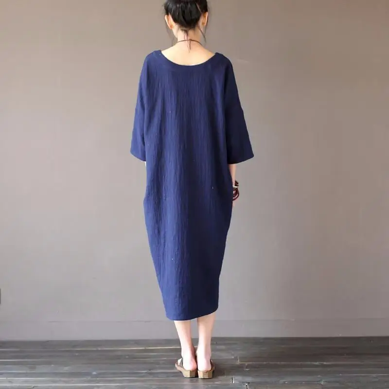 Sukienki z lnu i bawełny na jesień 2026 dla kobiet, plus size, nowe, vintage, luźne, z rękawem trzy czwarte, długie sukienki oversize 5XL 6XL — zdjęcie 7