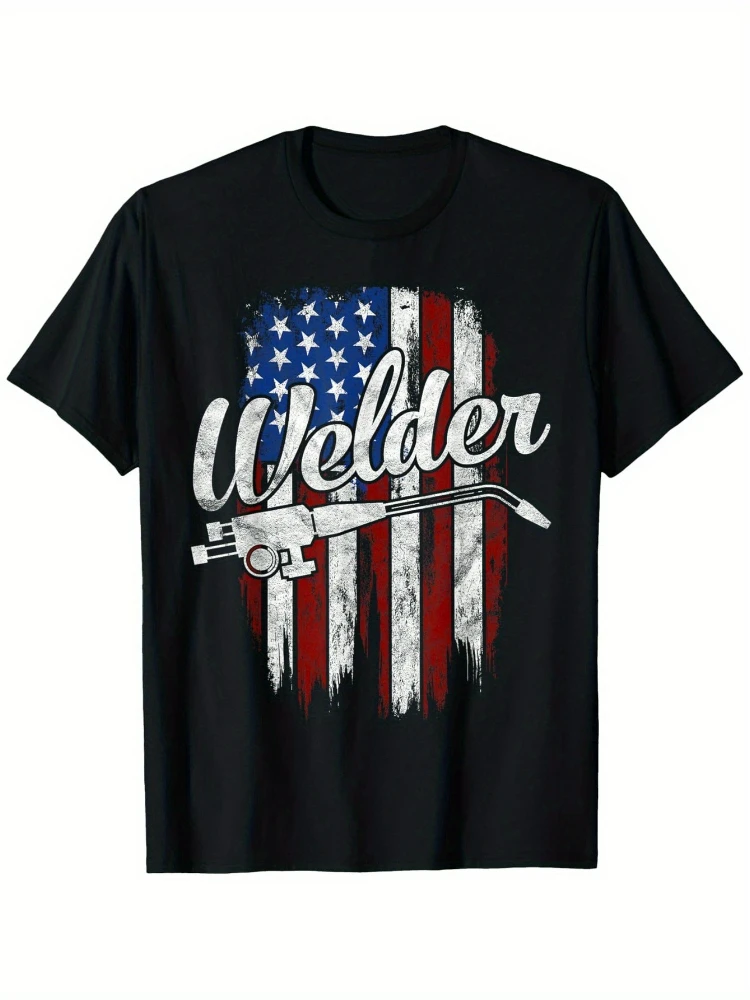 

American Flag Welder-Distressed Design with "Welder" Graphic & Welding Tools-100% cotton O-neck casual printed men's T-shirt.