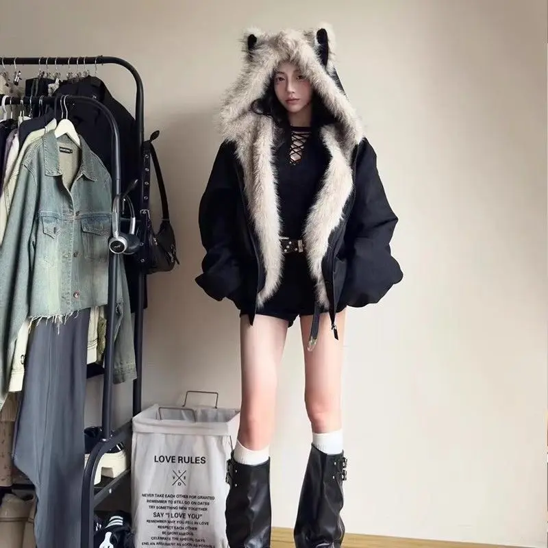 Mountain Carving Hairy Fur Collar Cotton Jacket Men's and Women's Plush Thickened Jacket American Winter Cotton Coat Cat Ears