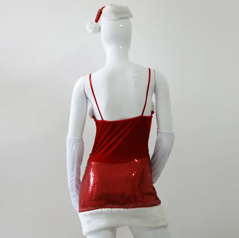 Sexy Christmas Costumes Women Christmas Santa Claus Fancy Dress Spaghetti Strap Sequin Mini Dress with Gloves Xmas Hat