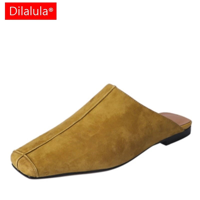 Dilalula Genuine Kid Suede Low Heels Slippers Women Covered Toe Natural Leather Casual Slippers Female Daily Walk Slippers