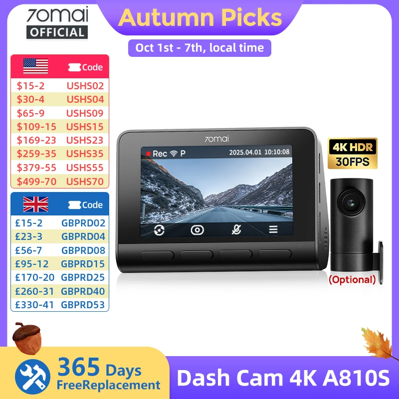 70mai A810S 4K Dash Cam IMX678 Dual HDR Supercapacitor 4G LTE Remote Control Wi-Fi 6 5GHz Voice Control GPS ADAS Car Camera