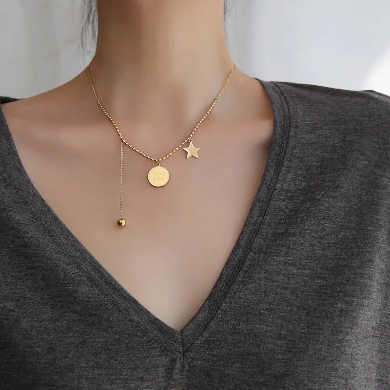 Titanium With 18K Gold Good Luck Star Choker  Necklace Women  Jewelry Designer T Show Runway Gown Rare INS Japan Korean Fashion
