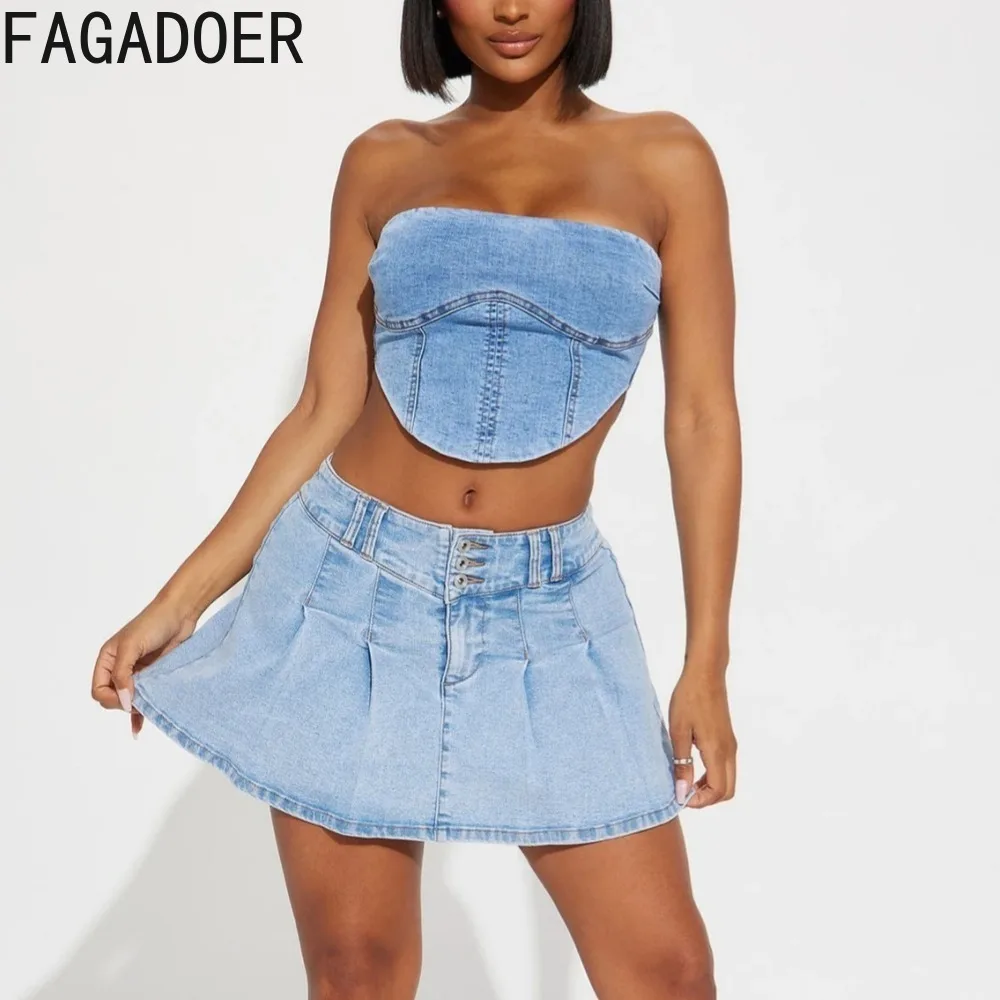 FAGADOER-Mini-jupes plissées en denim pour femmes, taille haute, ligne A, jupe en jean, bleu, bouton décontracté, bas assortis, streetwear, mode