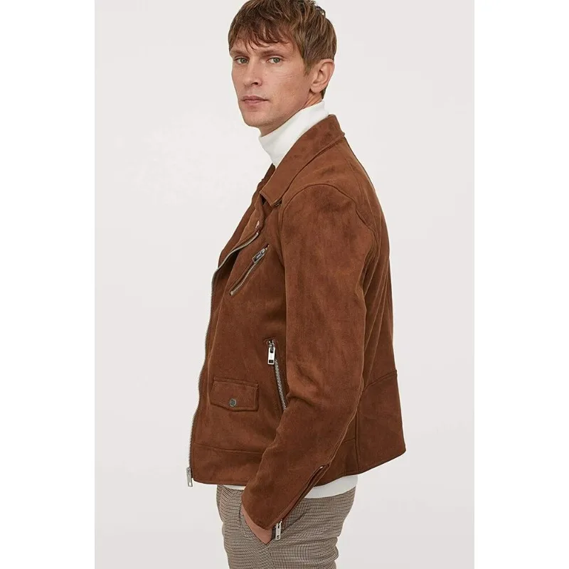 Men's Real Handmade Genuine Suede Leather Jacket Winter Fashion Style Coat Brown