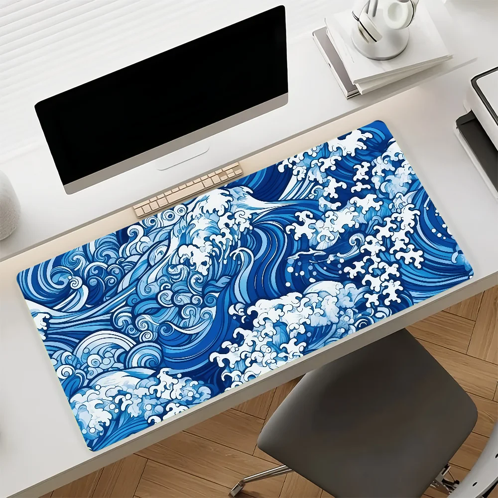 Japanese Blue Waves Mouse Pad Anti Slip Rubber Edge Locked Thickened Laptop Gaming Desk Mat