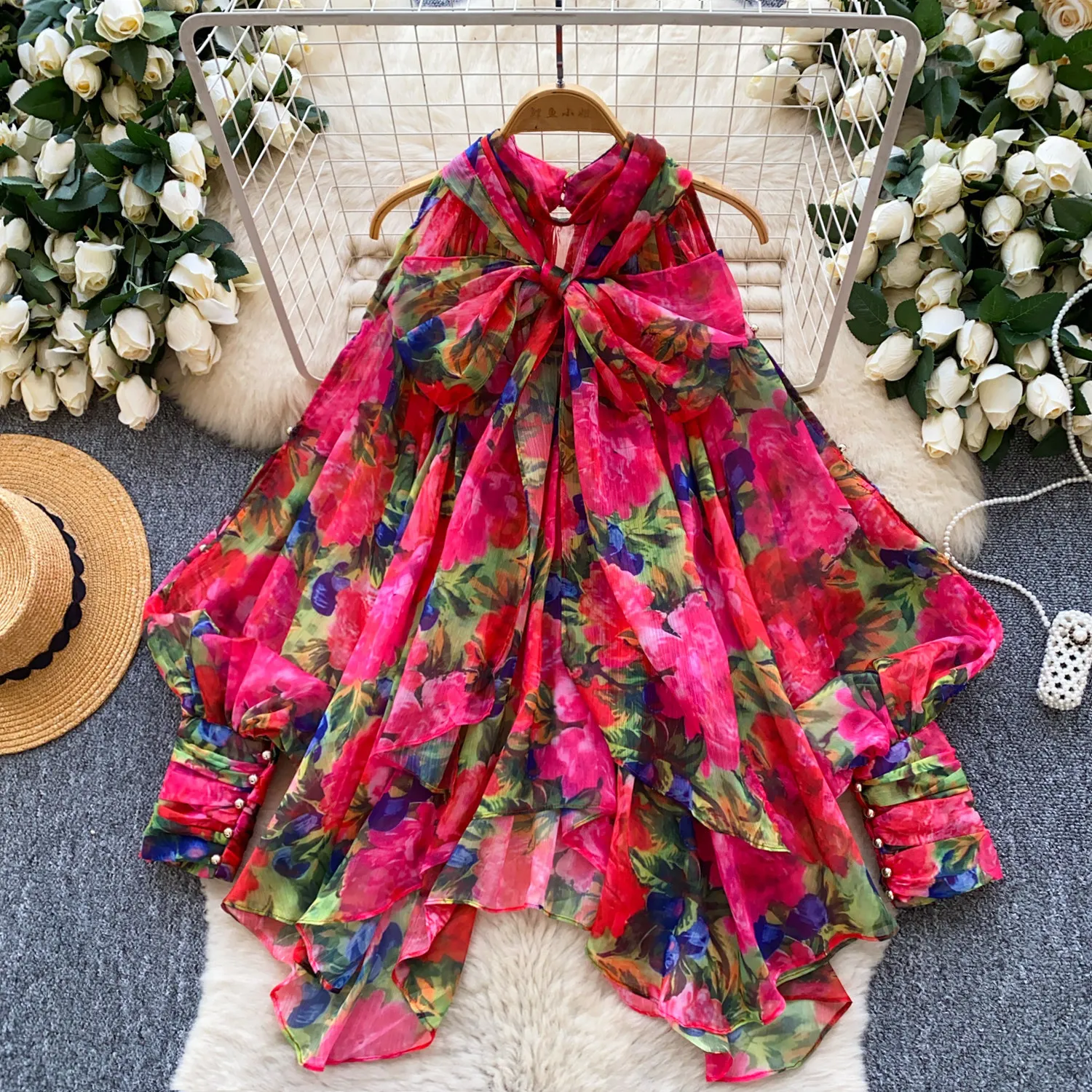 

Women Floral Print Shirt Bow Mesh Basic Tops Long Lantern Sleeve V Neck Slight Strech Thin Loose Fit Elegant Casual 2026 Spring