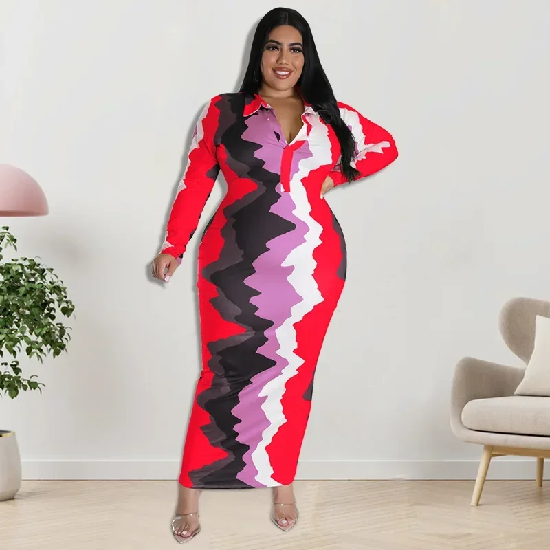 KEXU Mode Plus Size Damesjurken Street Trend Wave Print Maxi-jurk Chique Elegant Casual Grote maat Reversjurk met lange mouwen