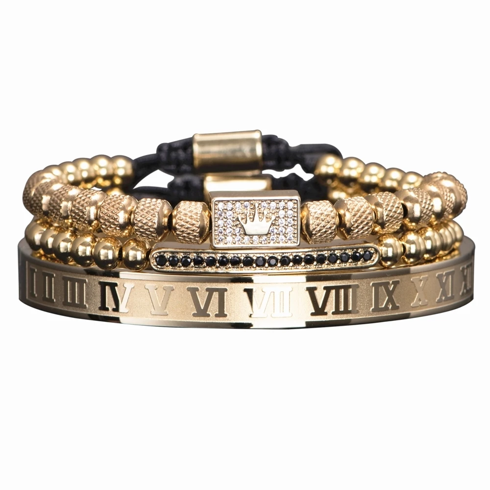 3pcs/Set Luxury Royal King Crown Men Bracelets  Roman Numeral Bracelet Unique Design Braided Adjustable Bangle Pulseira