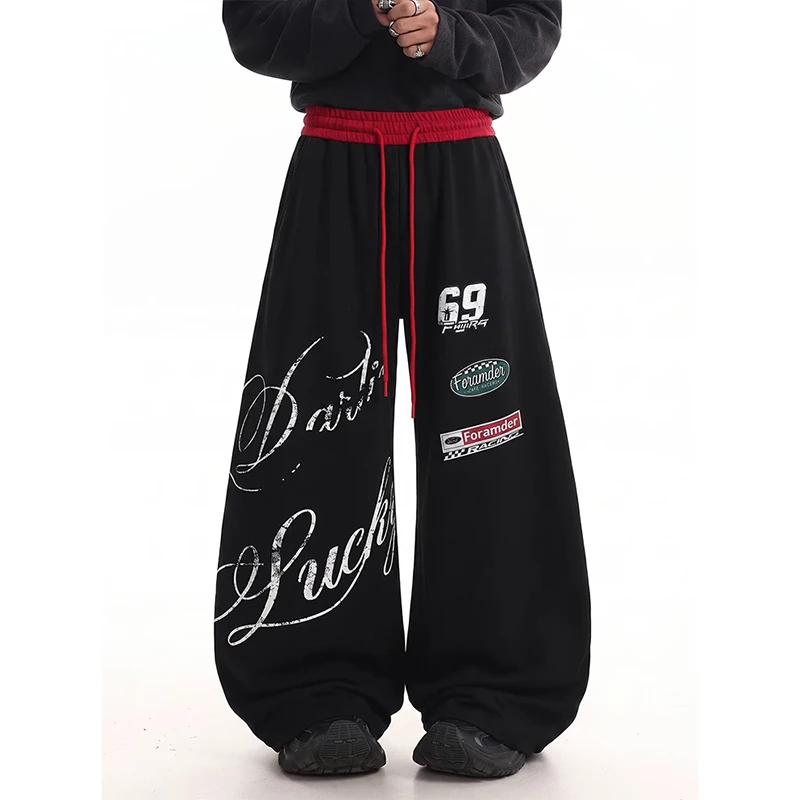 Women Vintage Printed Wide‑Leg Sweatpants Lady Distressed Letter‑Graphic Loose Versatile Hip‑Hop Style Casual Long Trousers
