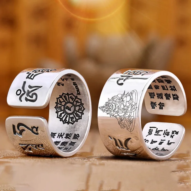 

925 Thai Silver Craft Glossy Chinese Style Yellow God of Wealth Mens Rings Vintage Domineering Wide Ring Banquet Jewelry