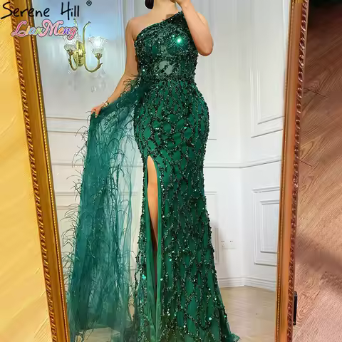 A175 Elegant Mermaid One-Shoulder Slit Evening Dress with Luxury Beading And Feathers Customizable Women's Party Gown DRESS