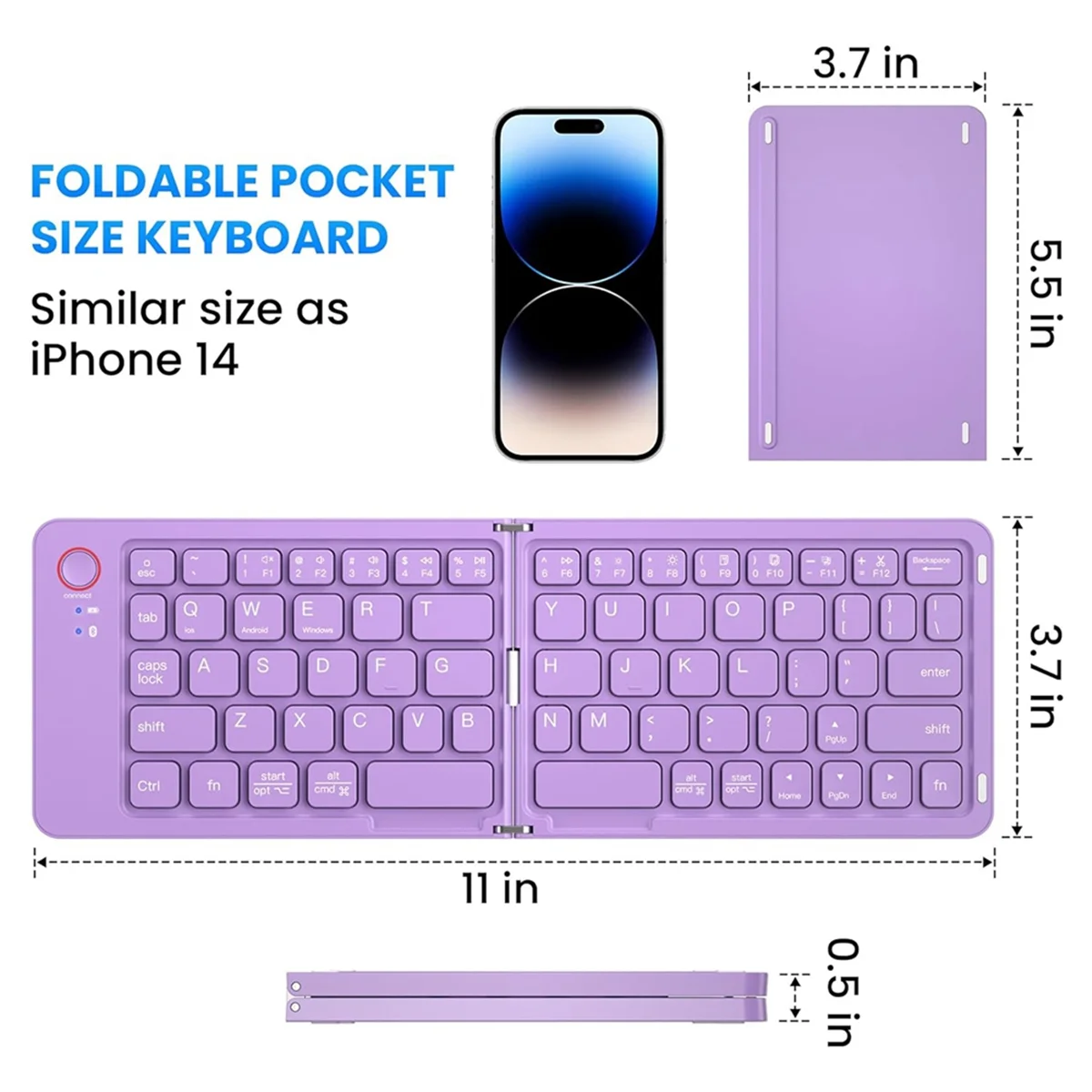 Mini Foldable Bluetooth Wireless Keyboard (Sync Up to 3 Devices), Portable Folding Keyboard for Android Windows,Purple