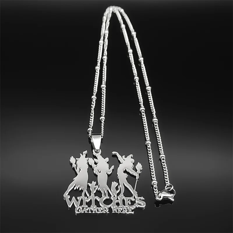 Gothic Witches Gather Here Necklace Women Men Stainless Steel Silver Color Witchcraft Halloween Cat Chain Jewelry collar