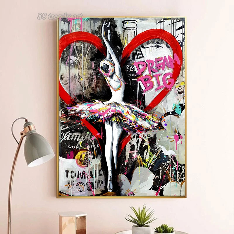 Street Abstract Art Mural Girl Ballet Dancing Pop Graffiti Art Canvas Painting Dream Big Posters Prints for Home Girl Room Decor