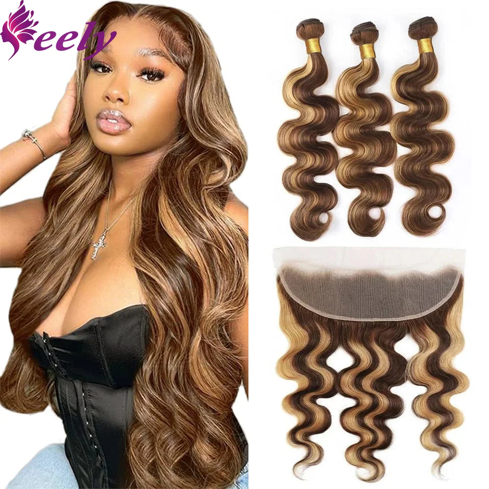 Highlight Human Hair Bundles With Closure #P4/27 Body Wave Bundles Human Hair With Closure 13x4 Lace Frontal Extensions 30 Inch