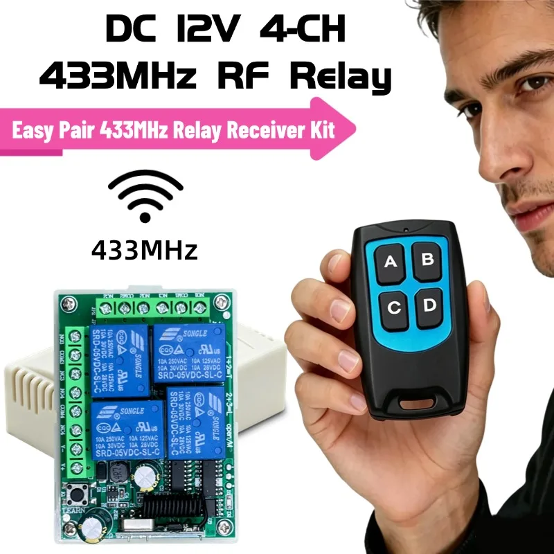 DC12V 4 Channel Wireless RF Relay Switch 433MHz Easy Pair 4 Key Remote Control Kit For Garage Door Light Lamp Door Access System
