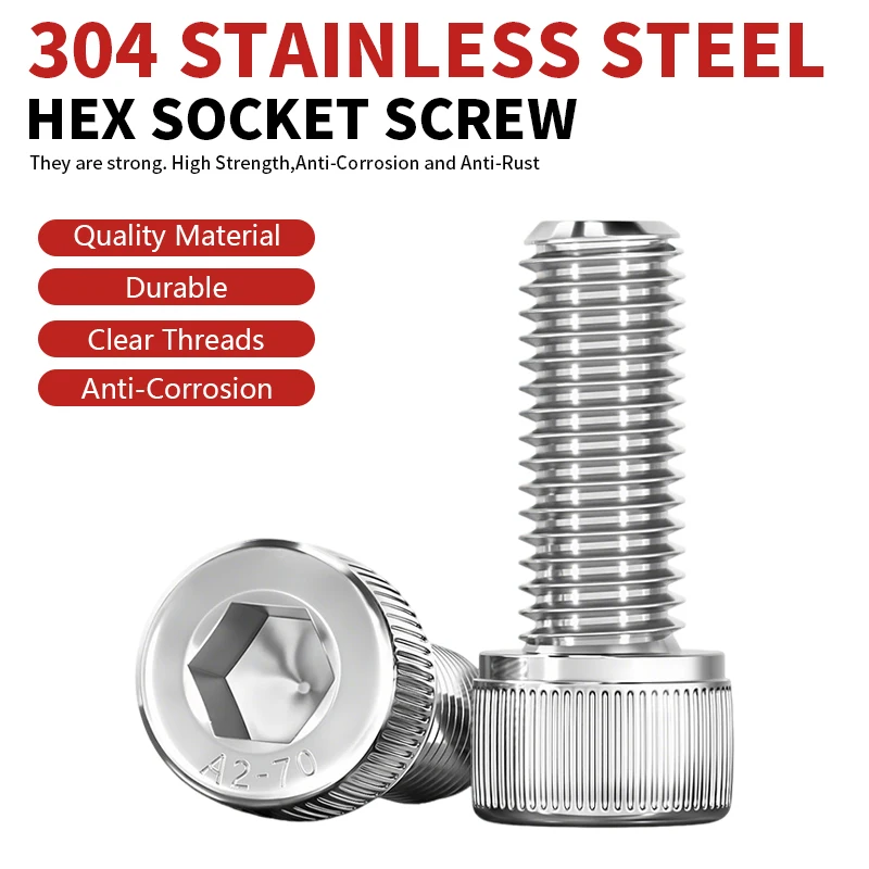 DIN912 A2-70 304 Stainless Steel Hex Socket Head Cap Screws M2 M2.5 M3 M4 M5 M6 M8 Up to M30 Fasteners