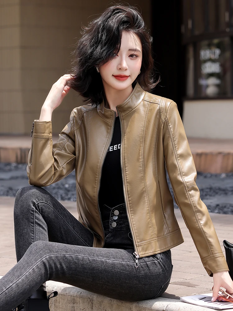   Ning 本物の羊革レザージャケット女性用ショートスリーブ春新作韓国版スリムフィットスタンドカラーコート