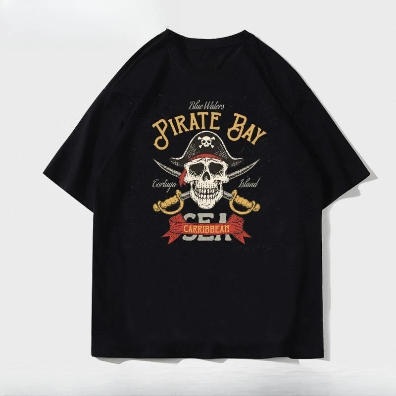 

Хлопковая футболка с короткими рукавами в американском темном стиле с мультяшным принтом черепа, пиратский капитан, мужской и женский повседневный универсальный топ