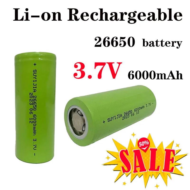 3.7V 26650 6000mAh Lithium-Ion Rechargeable Battery for All-Purpose Flashlight